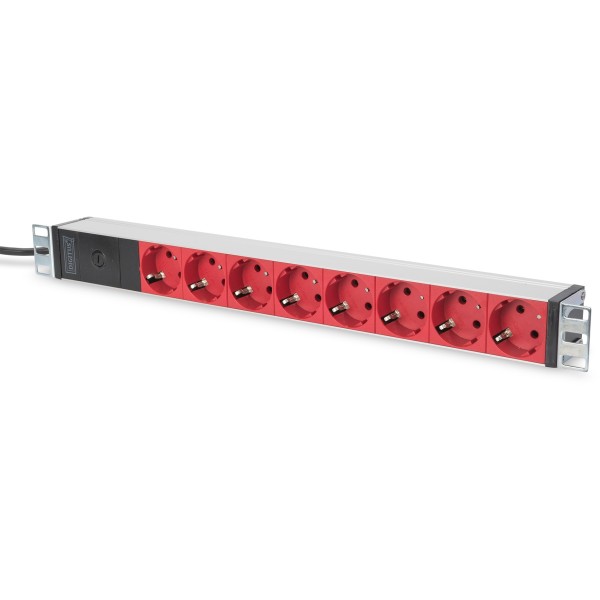 Steckdosenleiste Aluminium PDU 1U Digitus 10A Plug, 250VAC 50/60Hz, 8x rote CEE 7/7 Abgriffe Vorsich